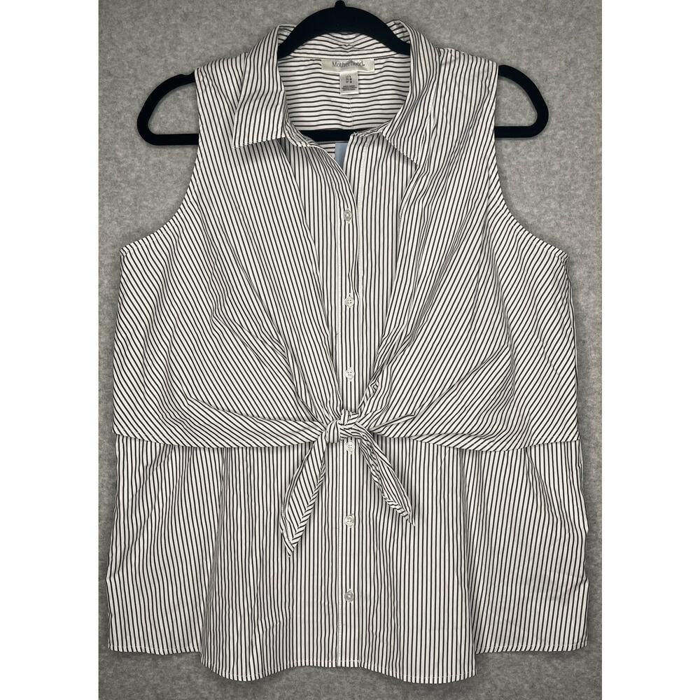 Motherhood nursing blue and white striped blouse button up sleeveless tie L NWT